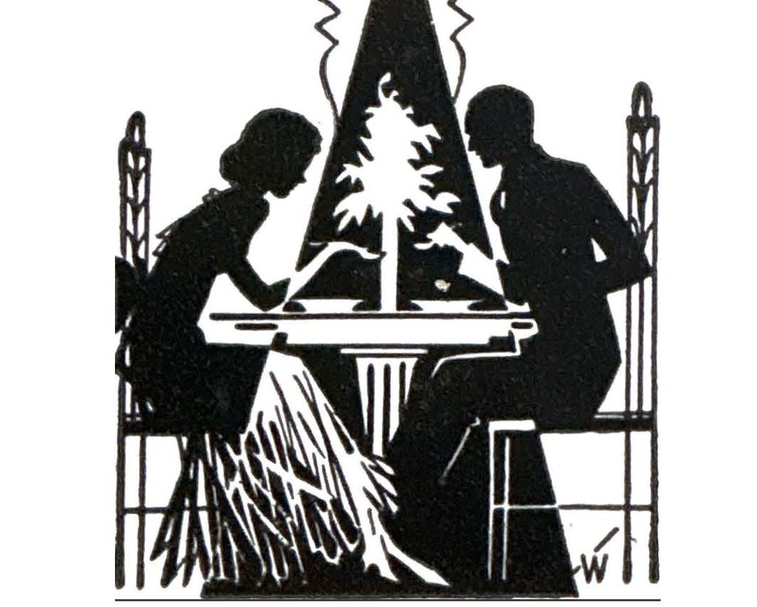 Illustration of a couple seated in one of Lusco's curtained booths