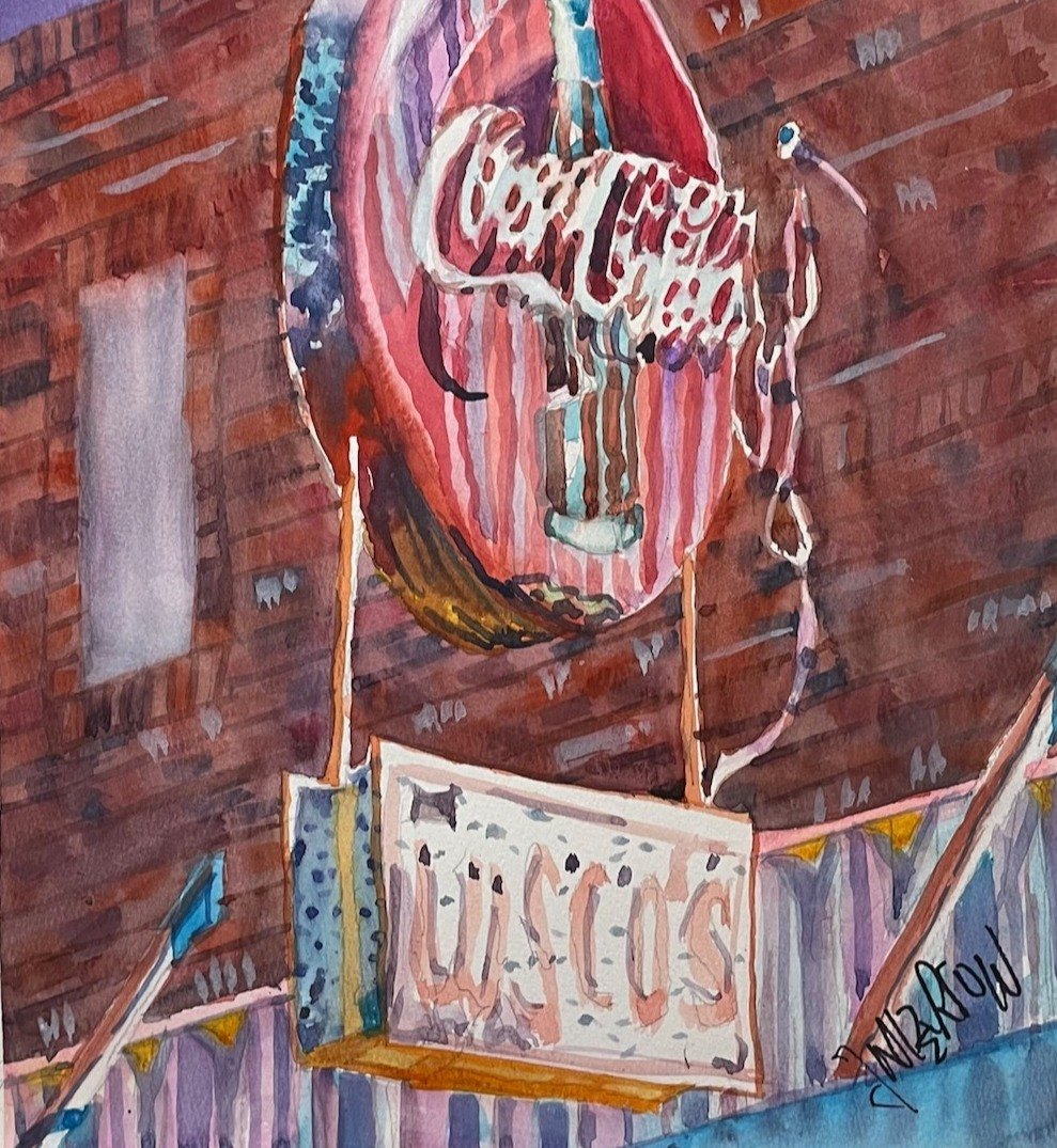 Watercolor painting of the original Lusco's sign in Greenwood, Mississippi, with the Coca-Cola disc above it